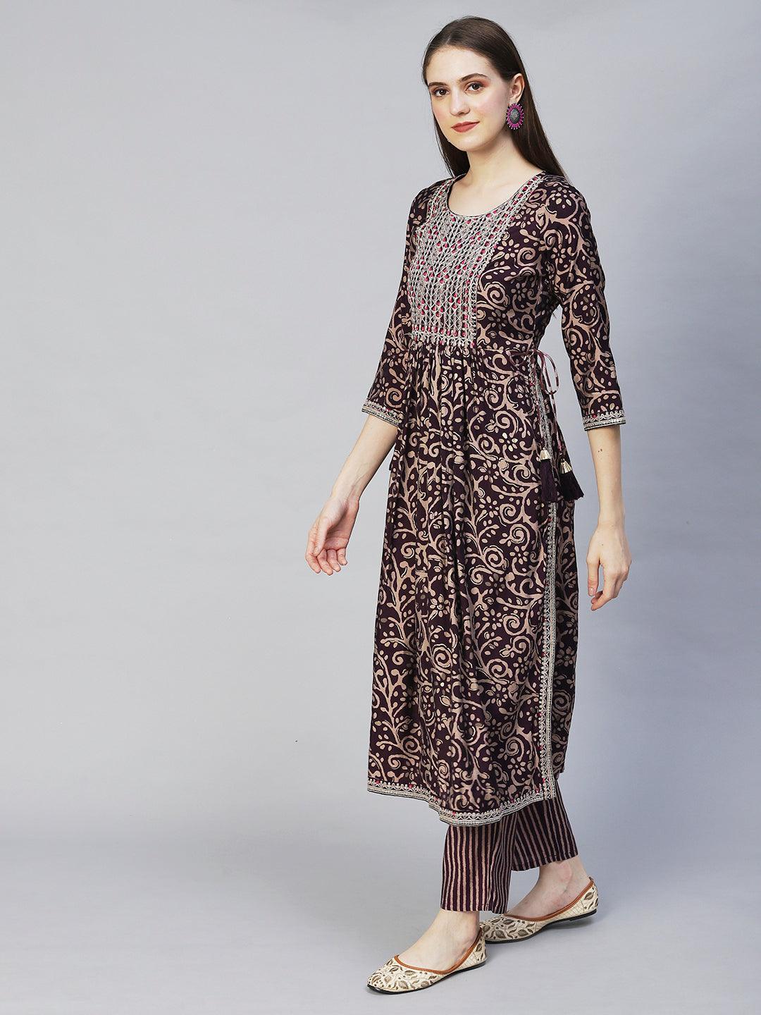 Ethnic Printed & Embroidered A-Line Kurta with Pants - Deep Wine - Indiakreations