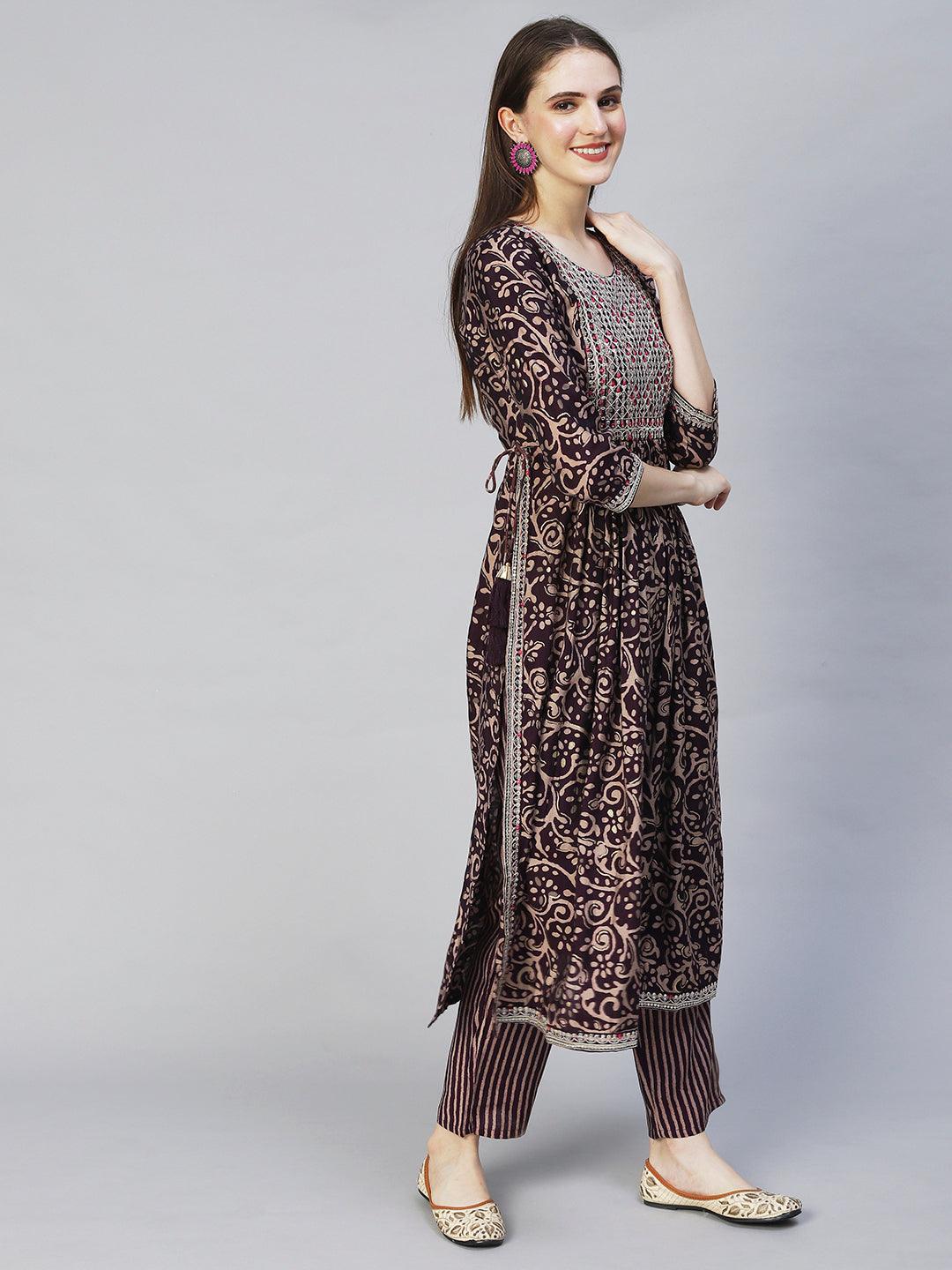 Ethnic Printed & Embroidered A-Line Kurta with Pants - Deep Wine - Indiakreations