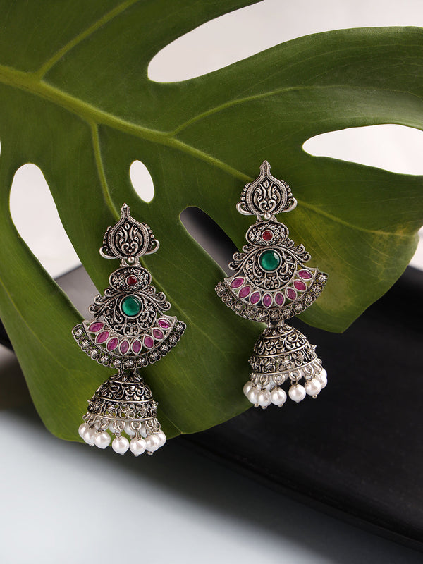 Women's Pink Oxidized Silver-Plated Dome Shaped Jhumkas - Jazz and Sizzle