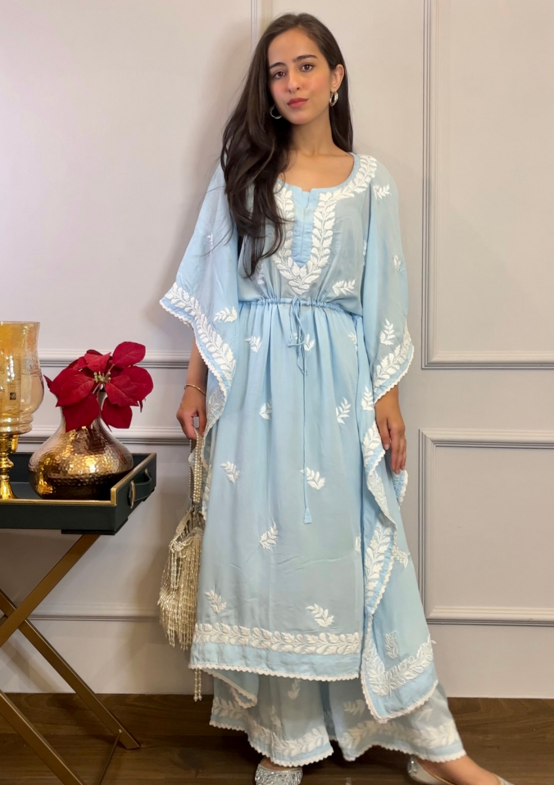 Afreen kaftan set with Chikankari embroidery and modal cotton in sky blue colour