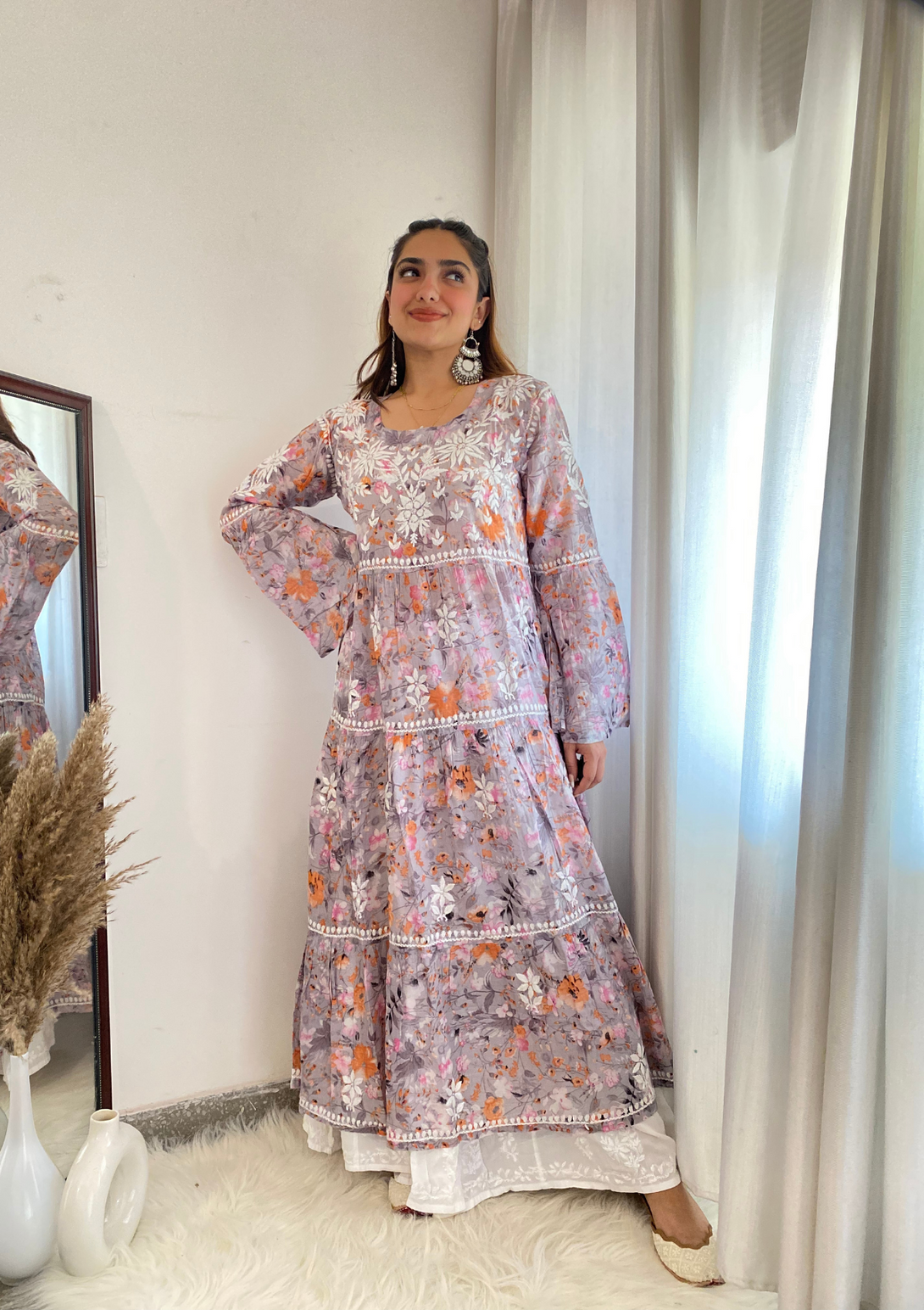 Zarah Mulmul Tiered Gown with heavy chikankari embroidery and mulmul cotton in pink colour