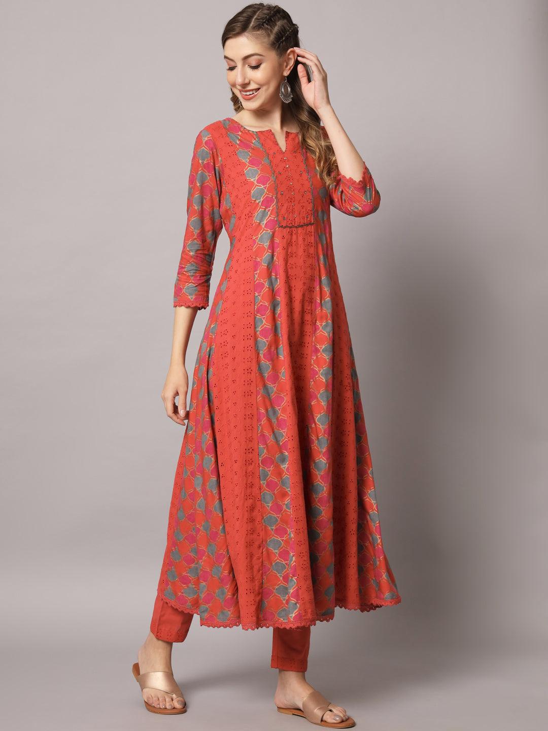 Women's Red Color Floral Schiffli Embroidery Cotton Calf Length Anarkali Kurta Sets - PREKSHA - Indiakreations