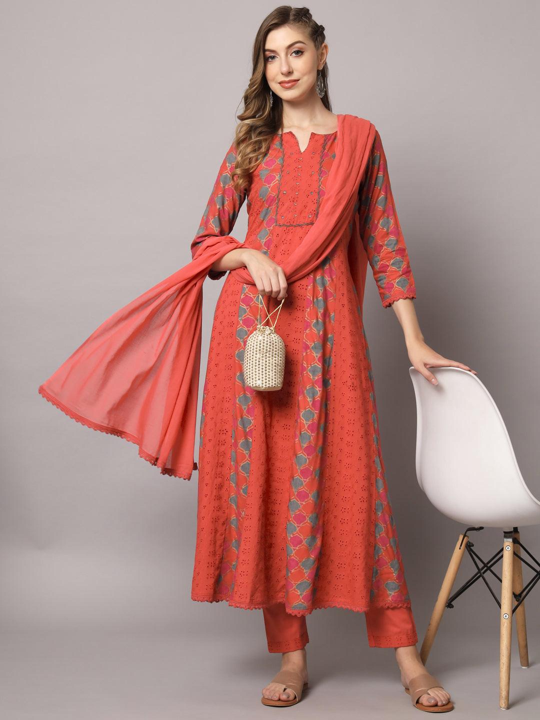 Women's Red Color Floral Schiffli Embroidery Cotton Calf Length Anarkali Kurta Sets - PREKSHA - Indiakreations