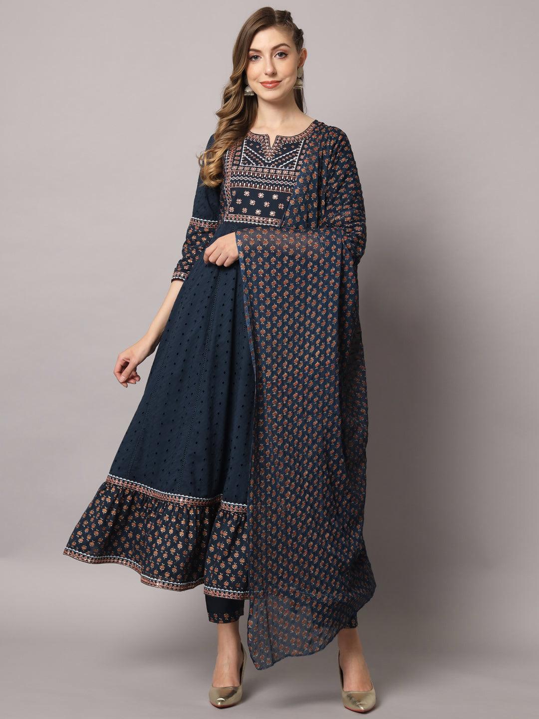 Women's Blue Color Floral Embroidered Cotton Calf Length Anarkali Kurta Sets - PREKSHA - Indiakreations