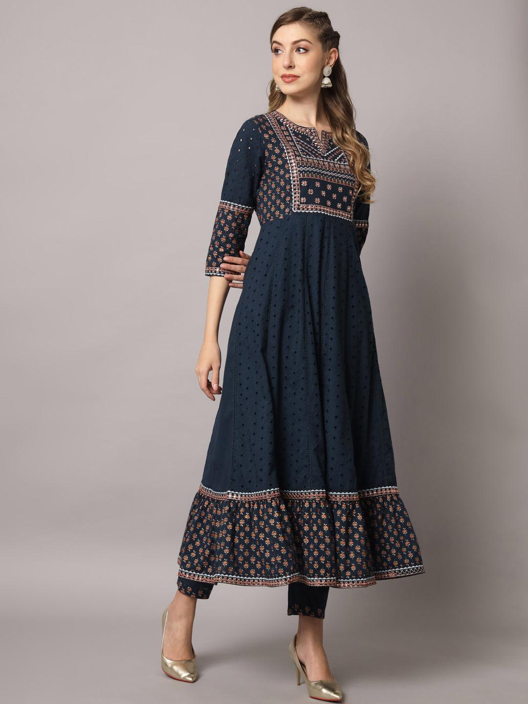 Women's Blue Color Floral Embroidered Cotton Calf Length Anarkali Kurta Sets - PREKSHA - Indiakreations