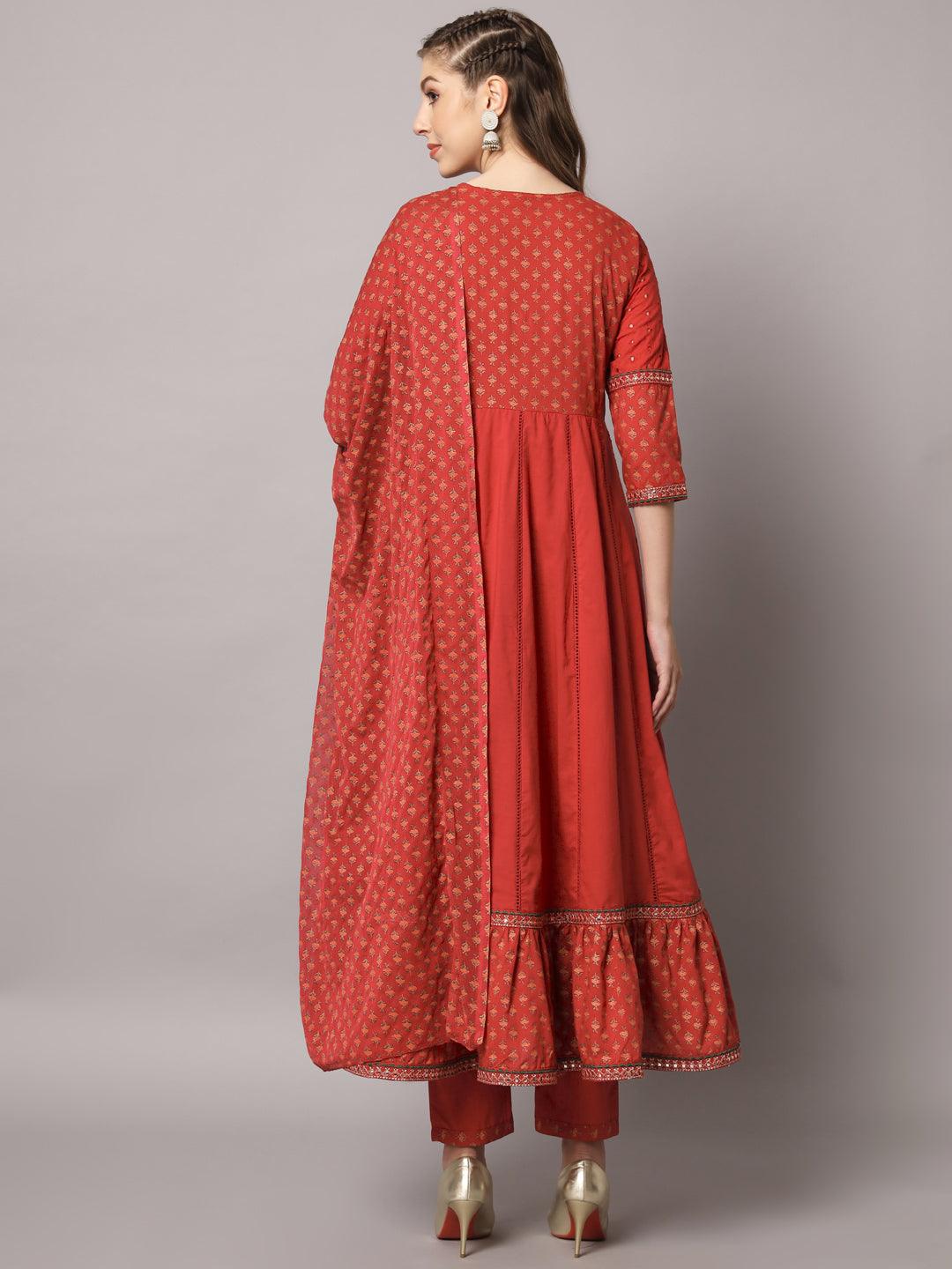 Women's Red Color Floral Embroidered Cotton Calf Length Anarkali Kurta Sets - PREKSHA - Indiakreations