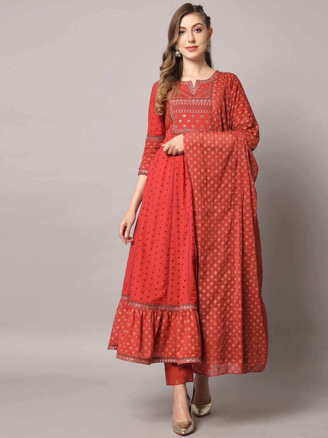 Women's Red Color Floral Embroidered Cotton Calf Length Anarkali Kurta Sets - PREKSHA - Indiakreations