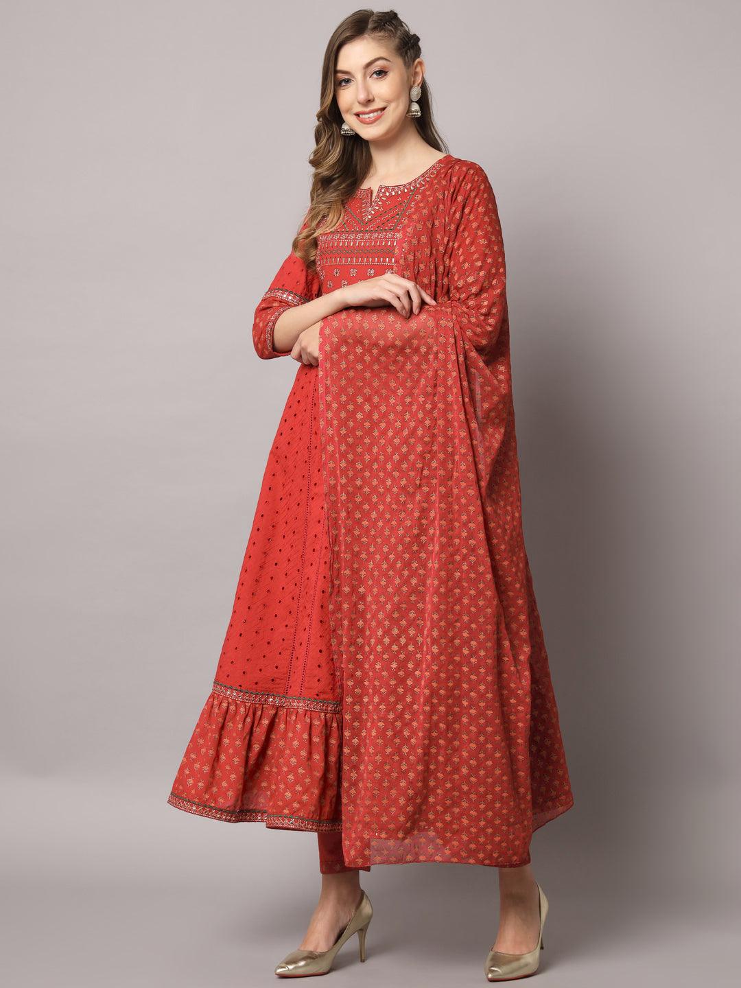 Women's Red Color Floral Embroidered Cotton Calf Length Anarkali Kurta Sets - PREKSHA - Indiakreations