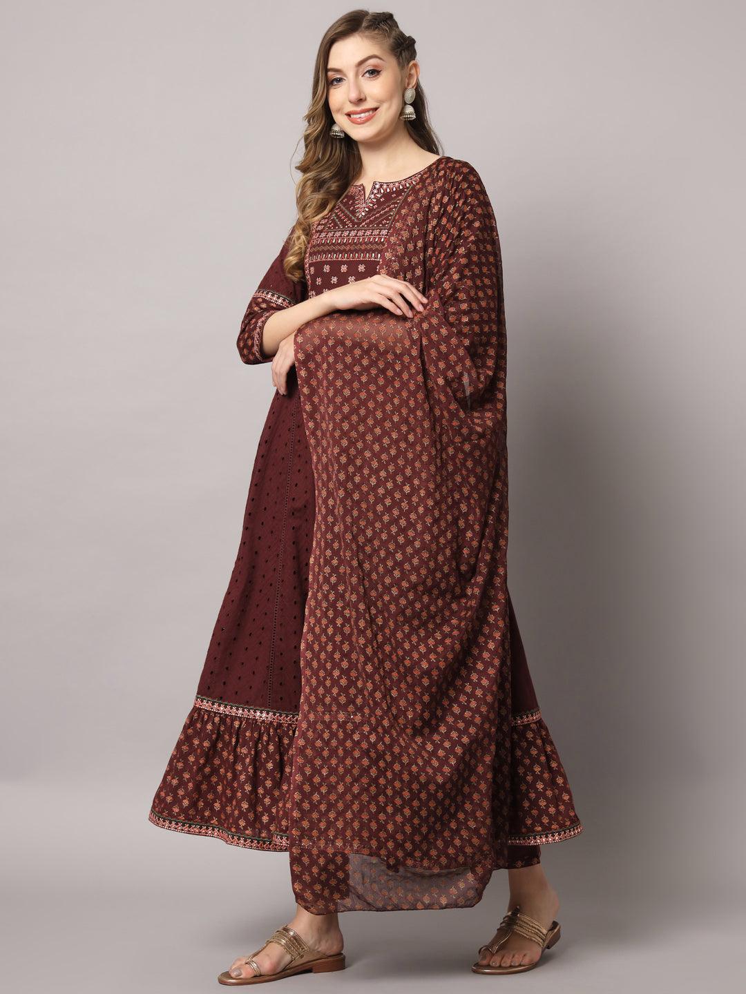 Women's Maroon Color Floral Embroidered Cotton Calf Length Anarkali Kurta Sets - PREKSHA - Indiakreations