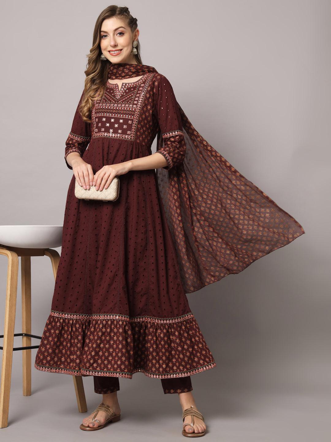 Women's Maroon Color Floral Embroidered Cotton Calf Length Anarkali Kurta Sets - PREKSHA - Indiakreations