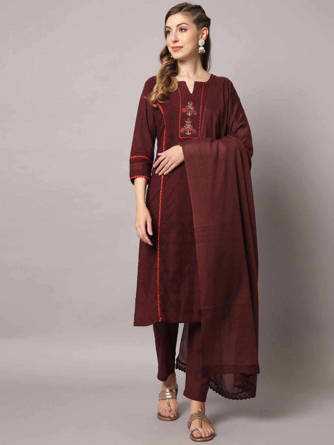 Women's Maroon Color Solid Embroidered Cotton Knee Length Straight Kurta Sets - PREKSHA - Indiakreations