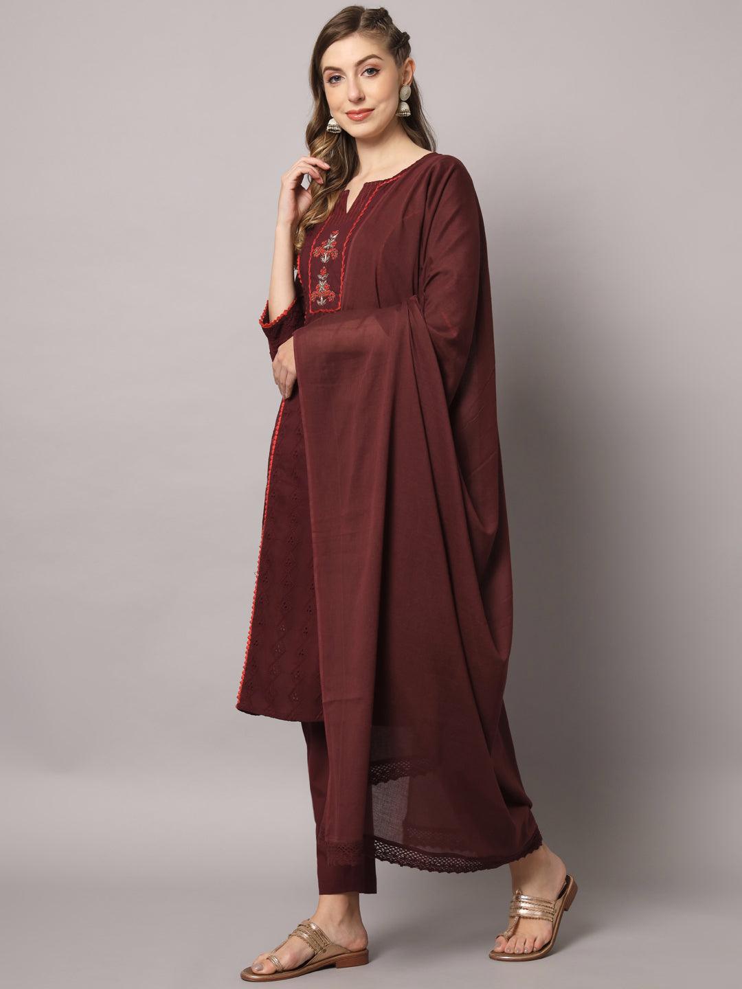 Women's Maroon Color Solid Embroidered Cotton Knee Length Straight Kurta Sets - PREKSHA - Indiakreations