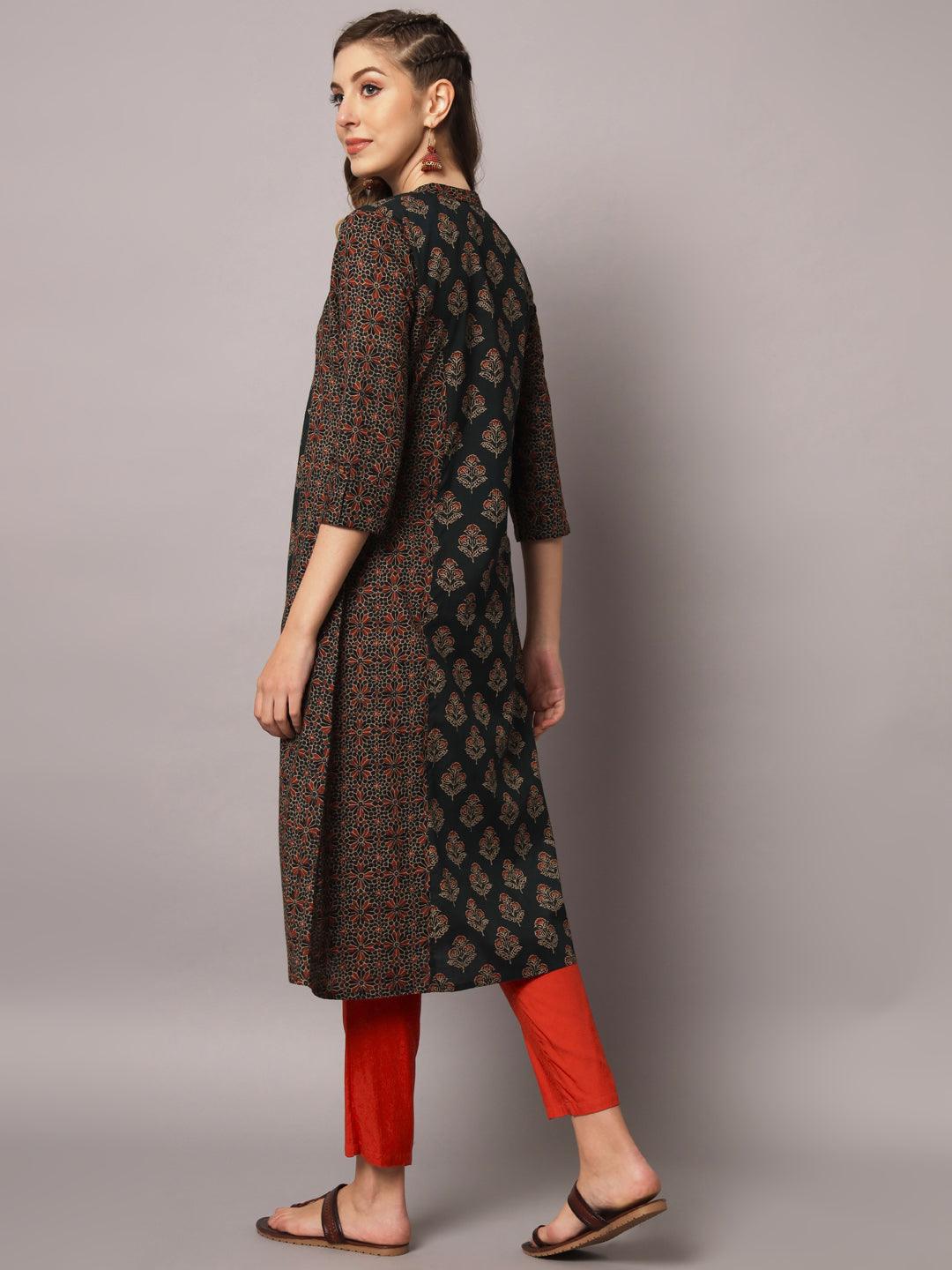 Women's Green Color Ethnic Motifs Cotton Printed Kurta - PREKSHA - Indiakreations