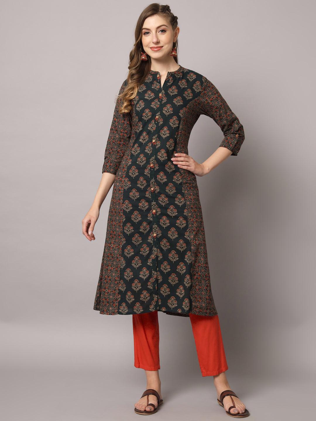 Women's Green Color Ethnic Motifs Cotton Printed Kurta - PREKSHA - Indiakreations