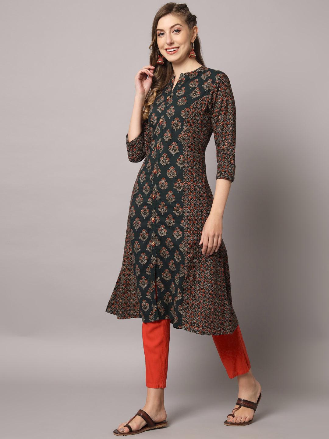 Women's Green Color Ethnic Motifs Cotton Printed Kurta - PREKSHA - Indiakreations