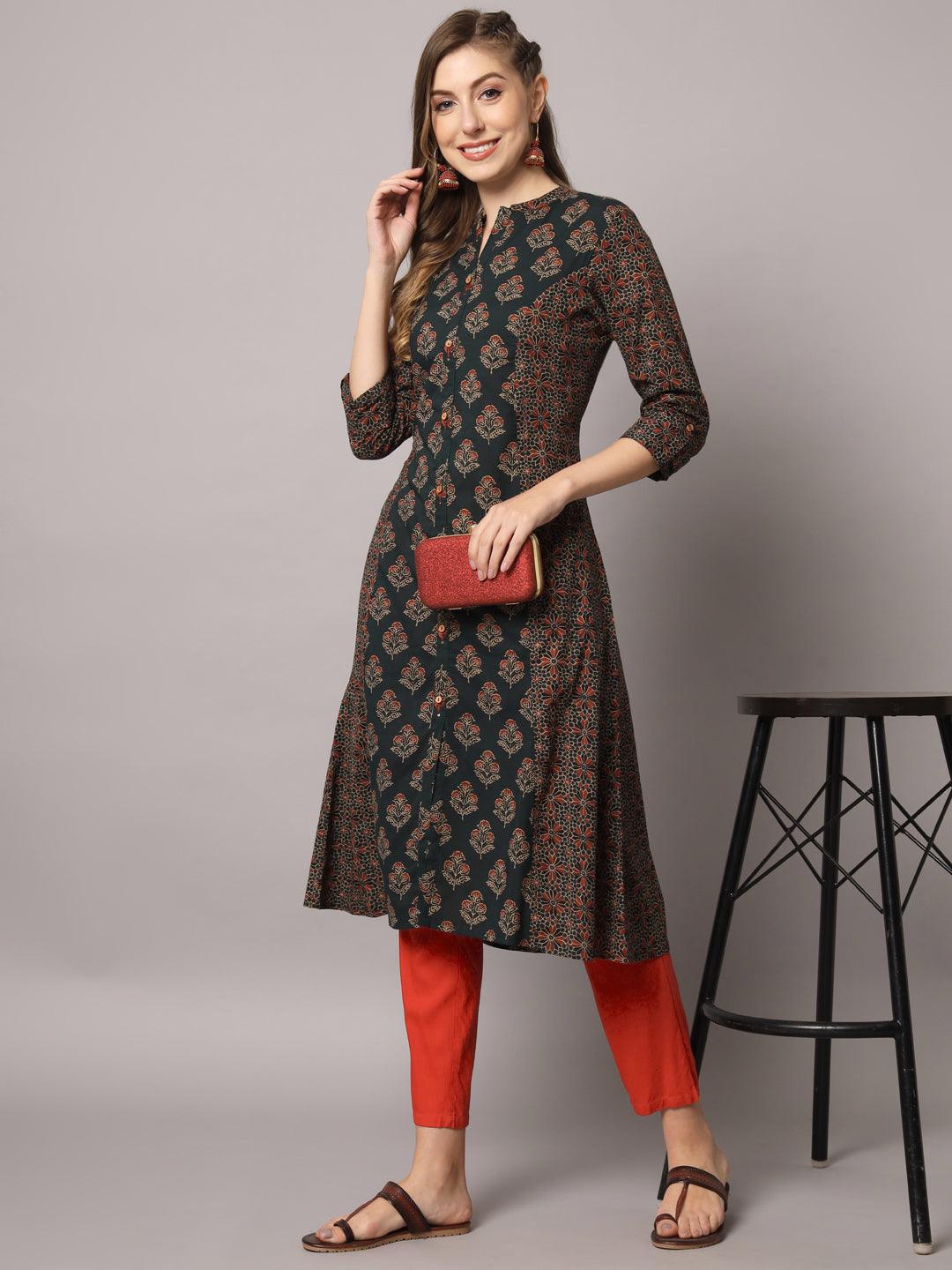 Women's Green Color Ethnic Motifs Cotton Printed Kurta - PREKSHA - Indiakreations