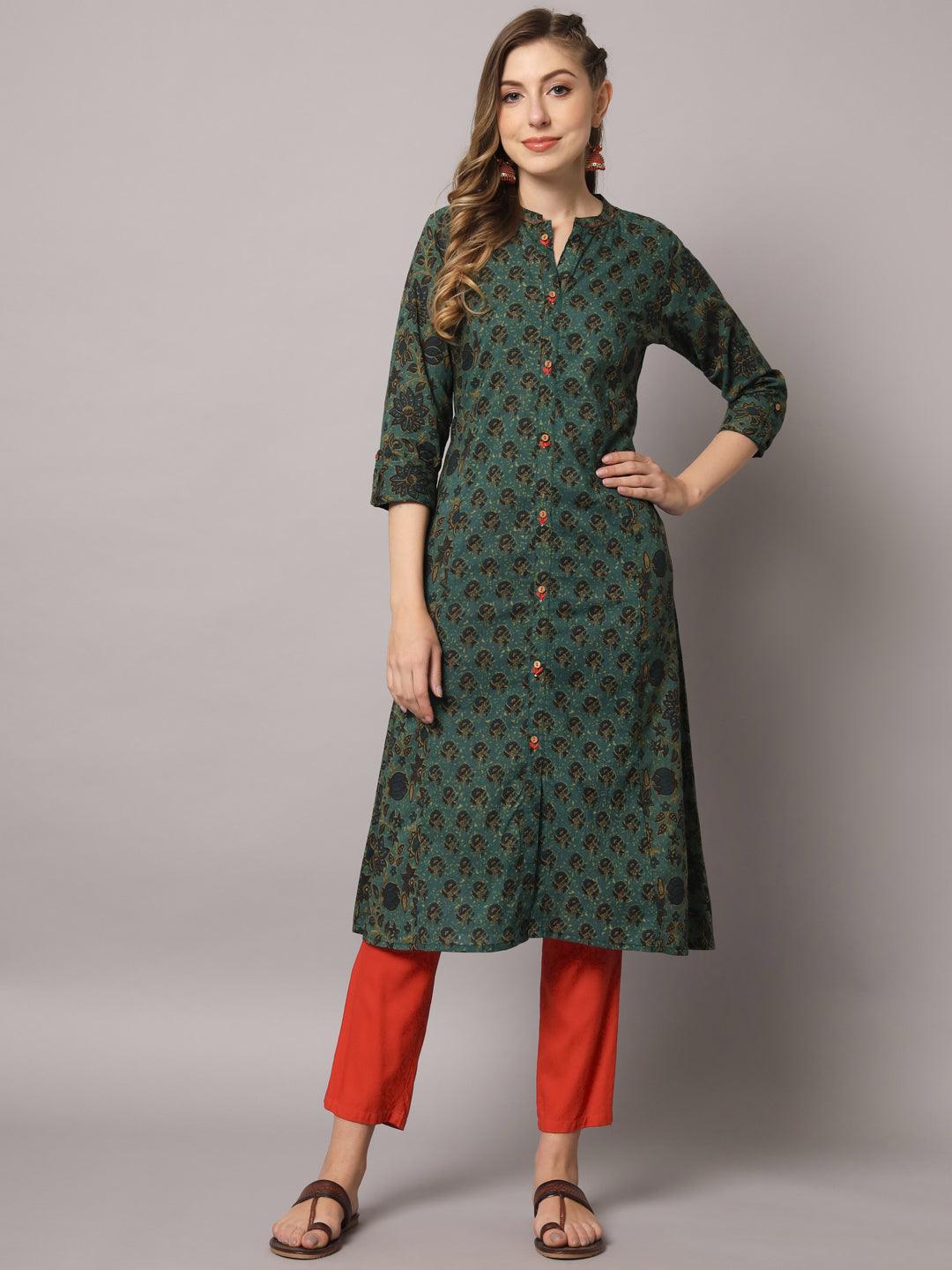 Women's Mint Green Color Ethnic Motifs Cotton Printed Kurta - PREKSHA - Indiakreations