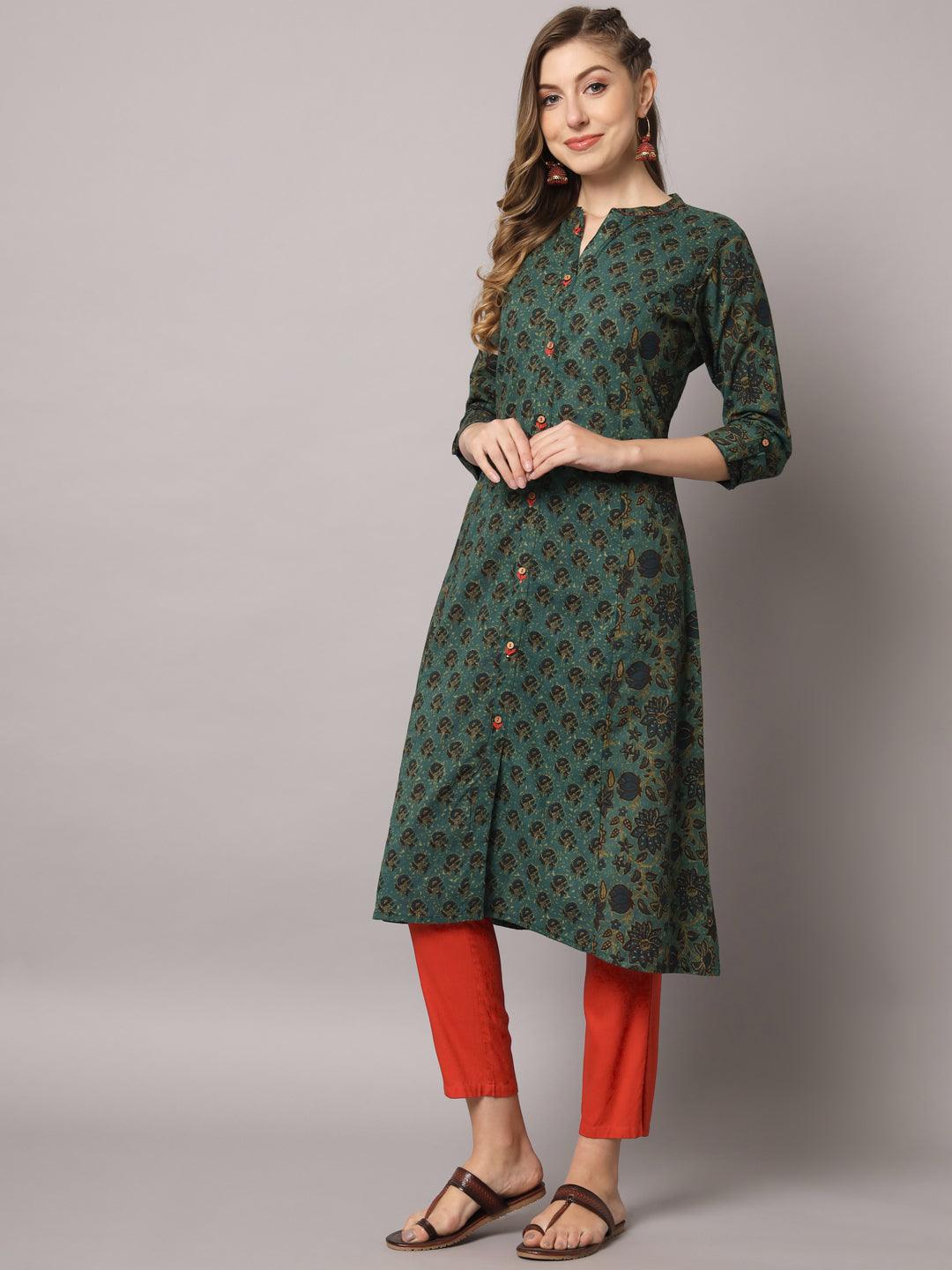 Women's Mint Green Color Ethnic Motifs Cotton Printed Kurta - PREKSHA - Indiakreations