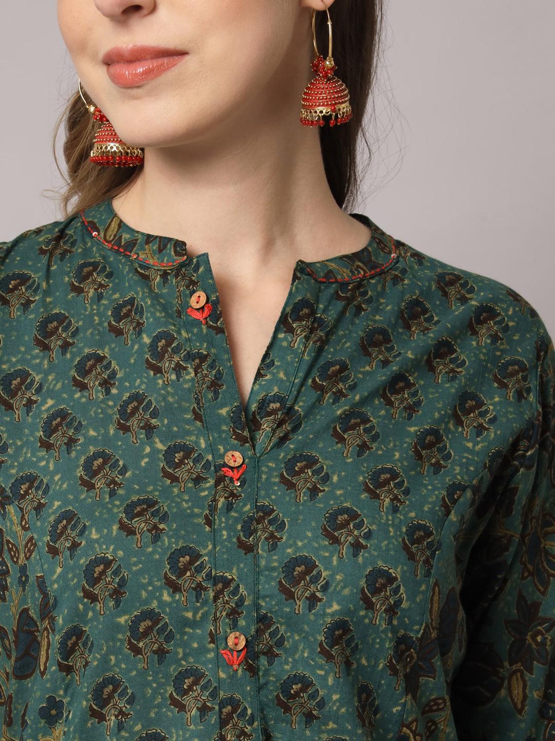 Women's Mint Green Color Ethnic Motifs Cotton Printed Kurta - PREKSHA - Indiakreations