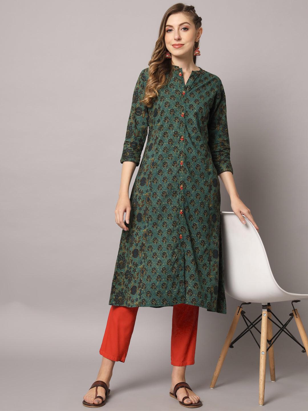 Women's Mint Green Color Ethnic Motifs Cotton Printed Kurta - PREKSHA - Indiakreations