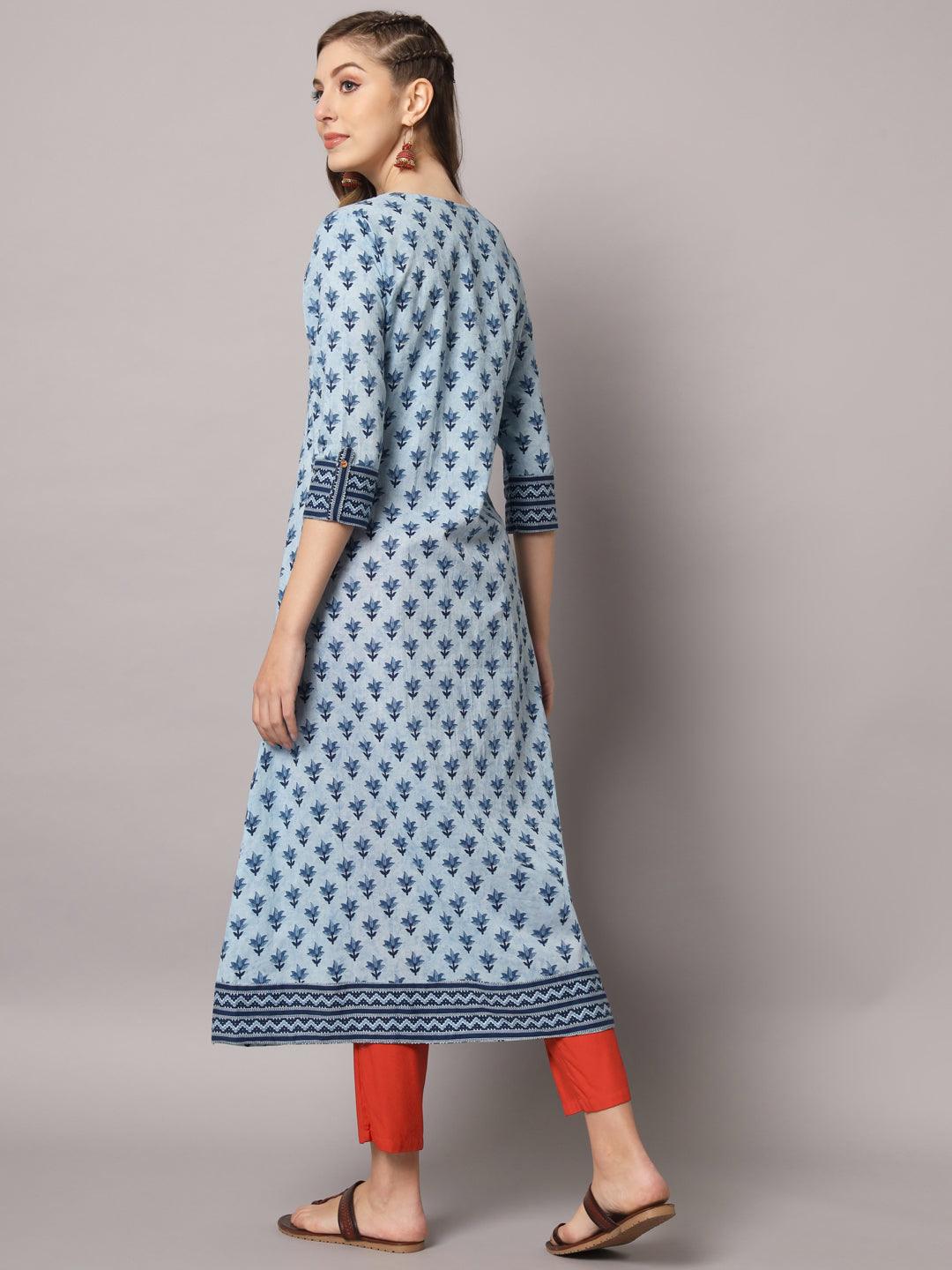 Women's Sky Blue Color Ethnic Motifs Cotton Printed Kurta - PREKSHA - Indiakreations