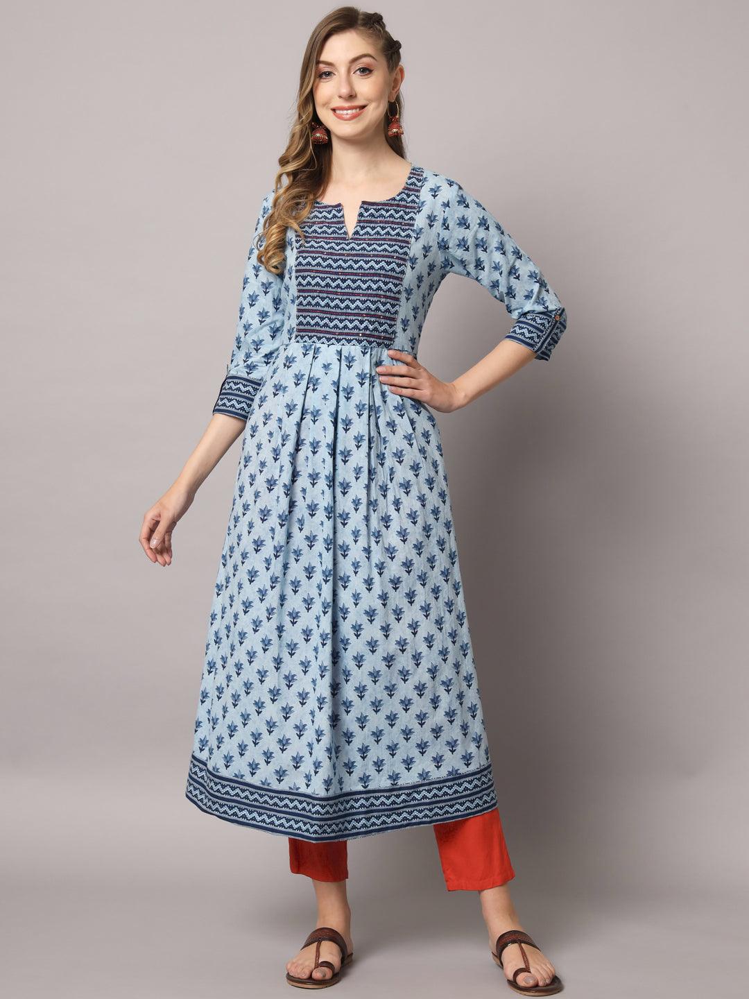 Women's Sky Blue Color Ethnic Motifs Cotton Printed Kurta - PREKSHA - Indiakreations