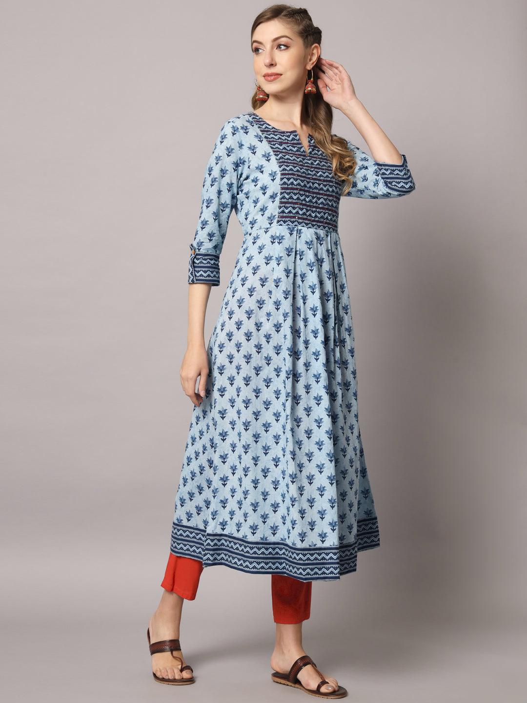 Women's Sky Blue Color Ethnic Motifs Cotton Printed Kurta - PREKSHA - Indiakreations