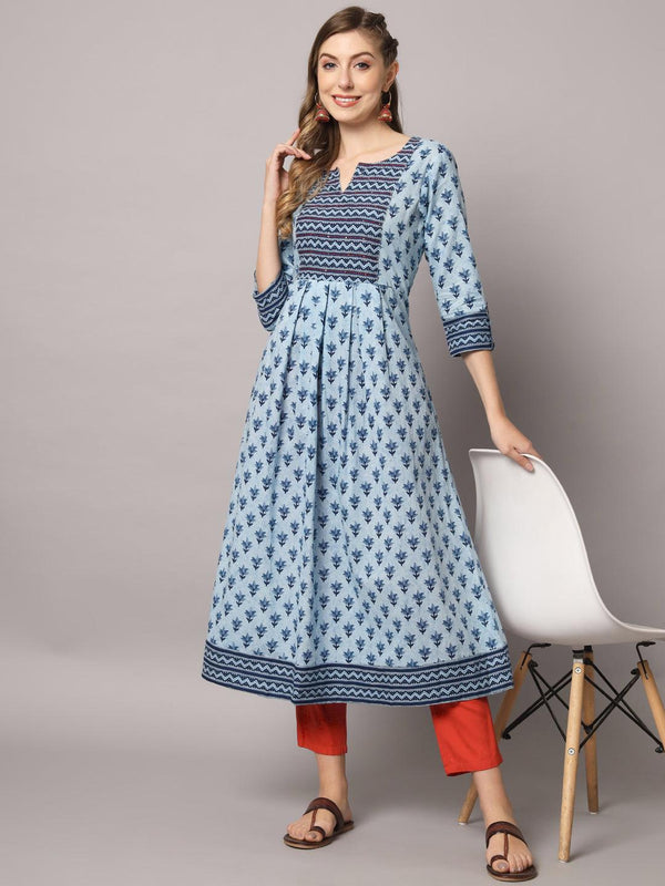 Women's Sky Blue Color Ethnic Motifs Cotton Printed Kurta - PREKSHA - Indiakreations