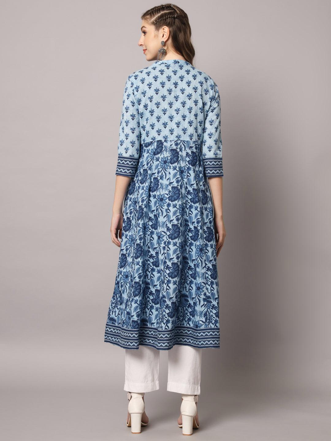 Women's Sky Blue Color Ethnic Motifs Cotton Printed Kurta - PREKSHA - Indiakreations