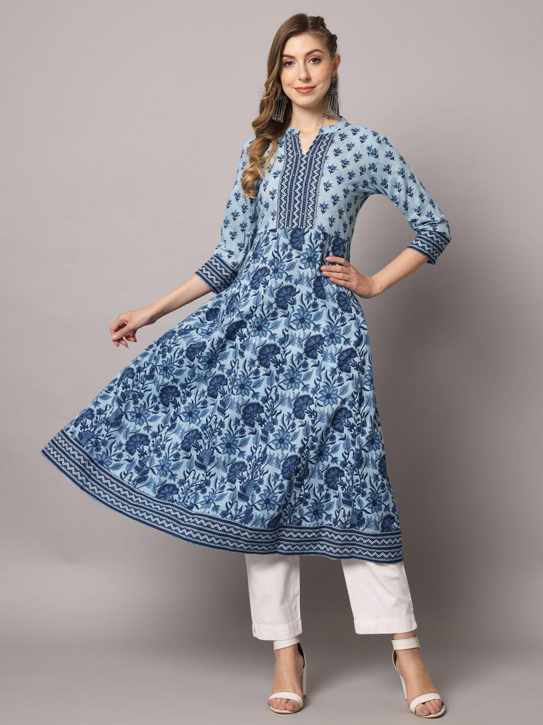 Women's Sky Blue Color Ethnic Motifs Cotton Printed Kurta - PREKSHA - Indiakreations