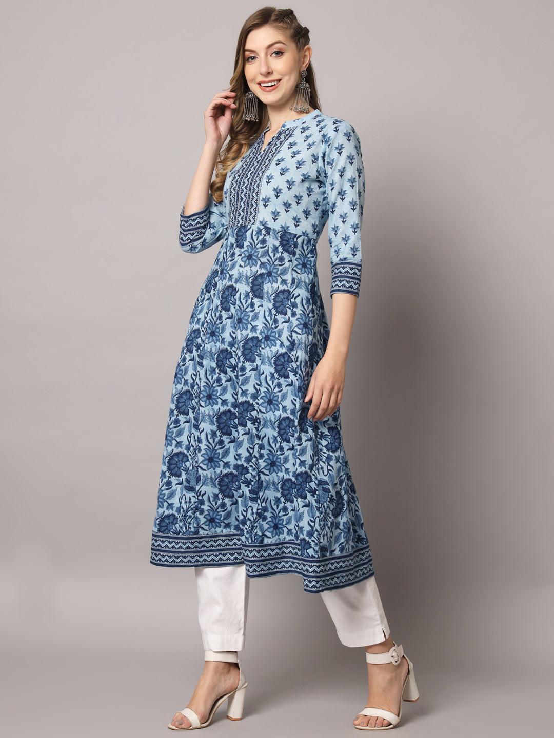 Women's Sky Blue Color Ethnic Motifs Cotton Printed Kurta - PREKSHA - Indiakreations