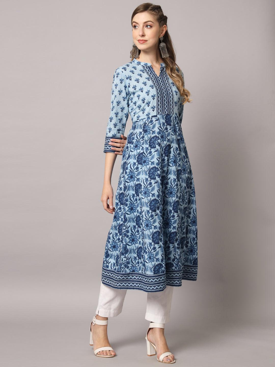 Women's Sky Blue Color Ethnic Motifs Cotton Printed Kurta - PREKSHA - Indiakreations