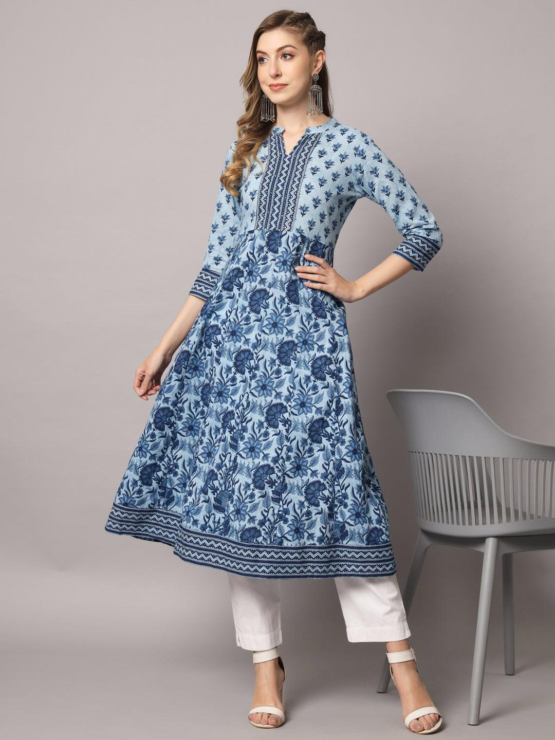 Women's Sky Blue Color Ethnic Motifs Cotton Printed Kurta - PREKSHA - Indiakreations