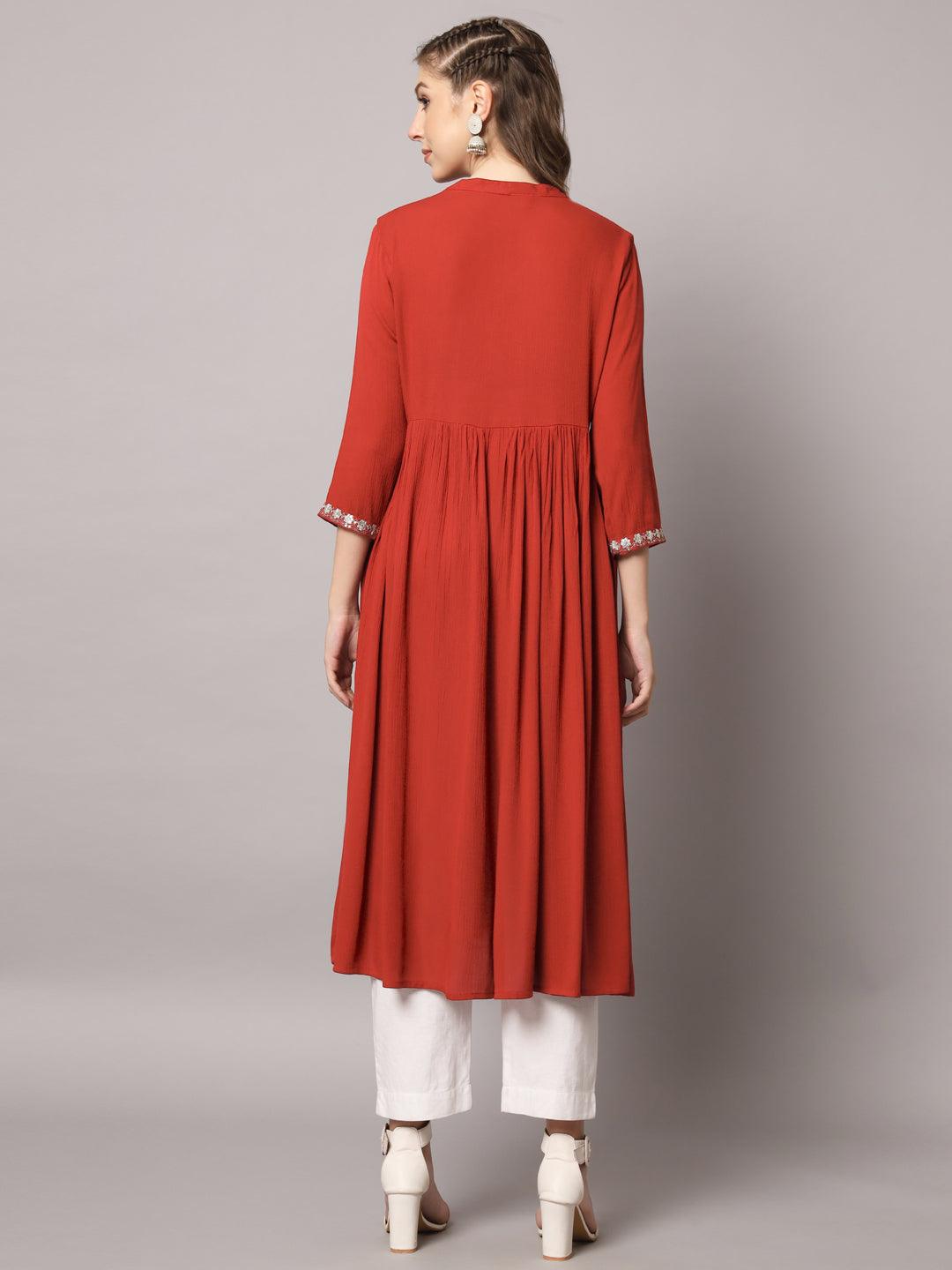 Women's Red Color Solid Rayon Crepe Embroidered Kurta - PREKSHA - Indiakreations