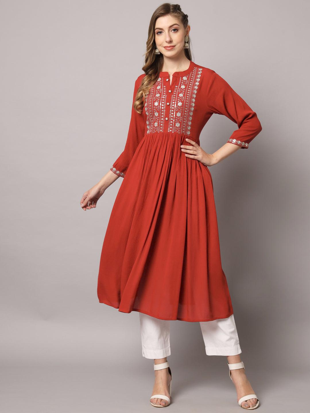 Women's Red Color Solid Rayon Crepe Embroidered Kurta - PREKSHA - Indiakreations