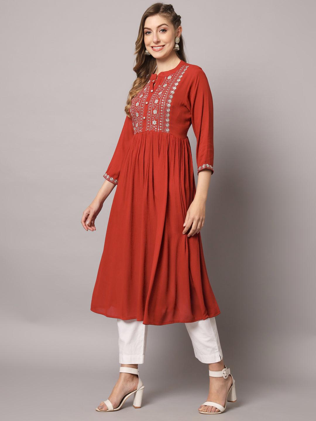 Women's Red Color Solid Rayon Crepe Embroidered Kurta - PREKSHA - Indiakreations