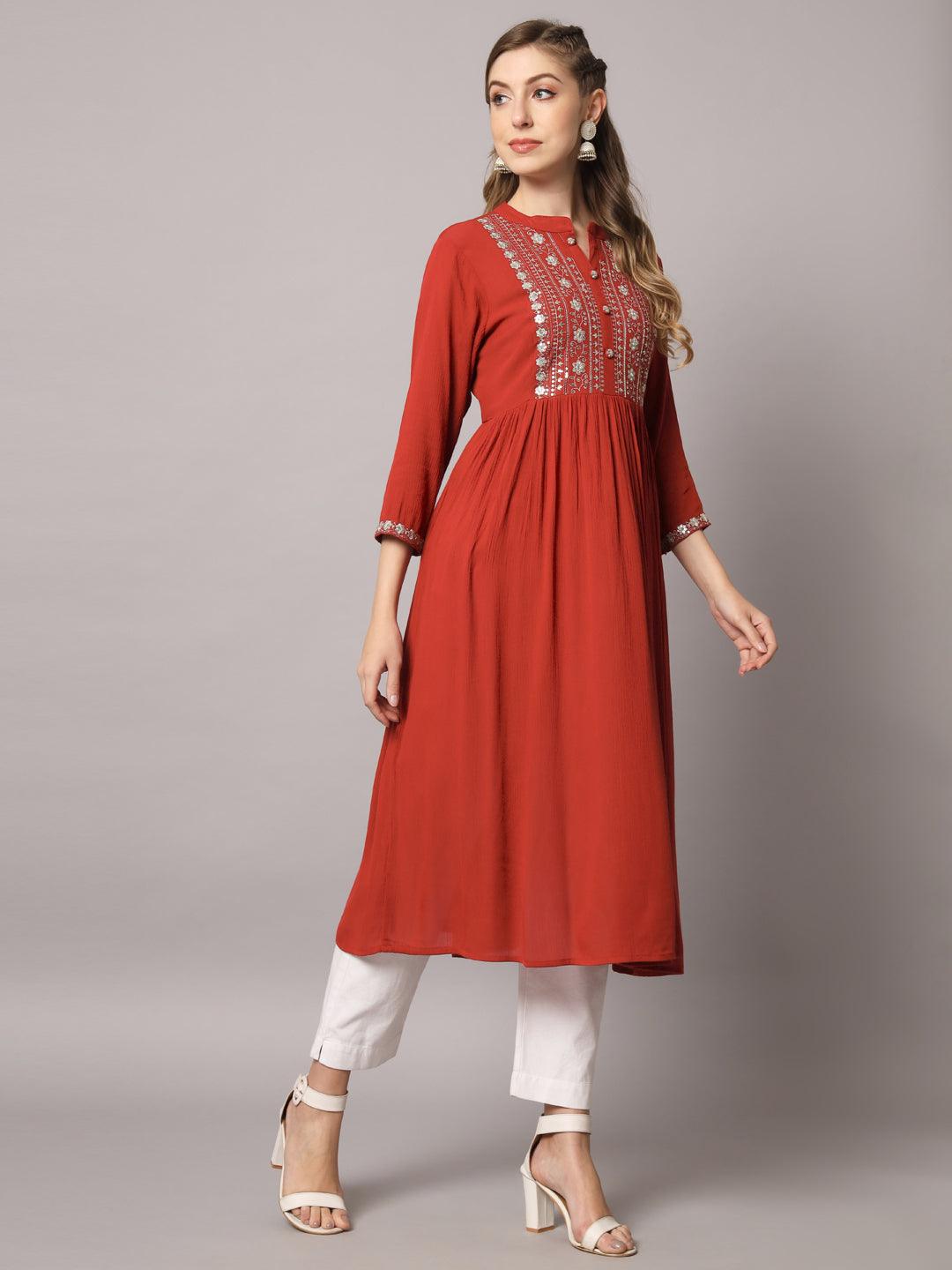 Women's Red Color Solid Rayon Crepe Embroidered Kurta - PREKSHA - Indiakreations