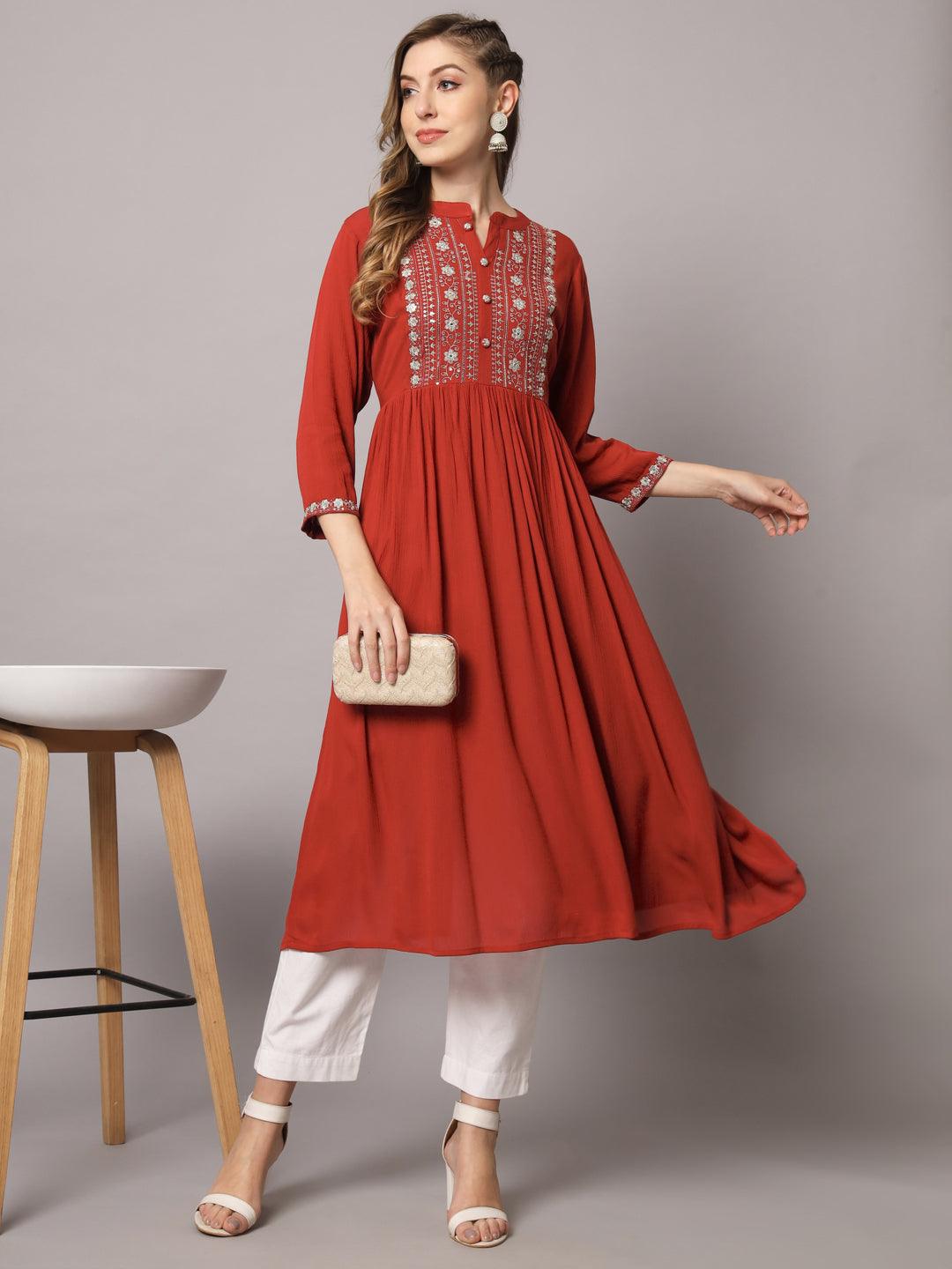 Women's Red Color Solid Rayon Crepe Embroidered Kurta - PREKSHA - Indiakreations