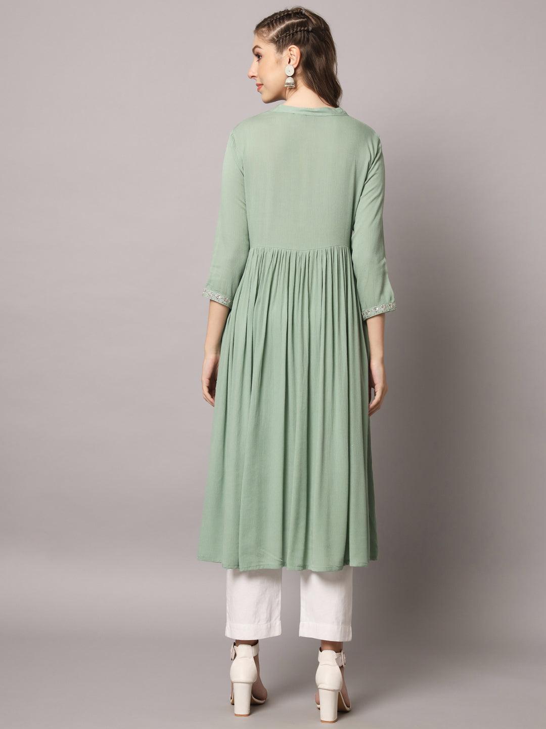 Women's Sea Green Color Solid Rayon Crepe Embroidered Kurta - PREKSHA - Indiakreations