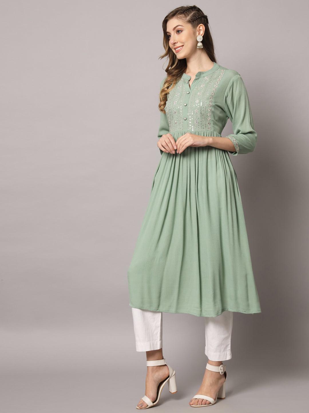 Women's Sea Green Color Solid Rayon Crepe Embroidered Kurta - PREKSHA - Indiakreations