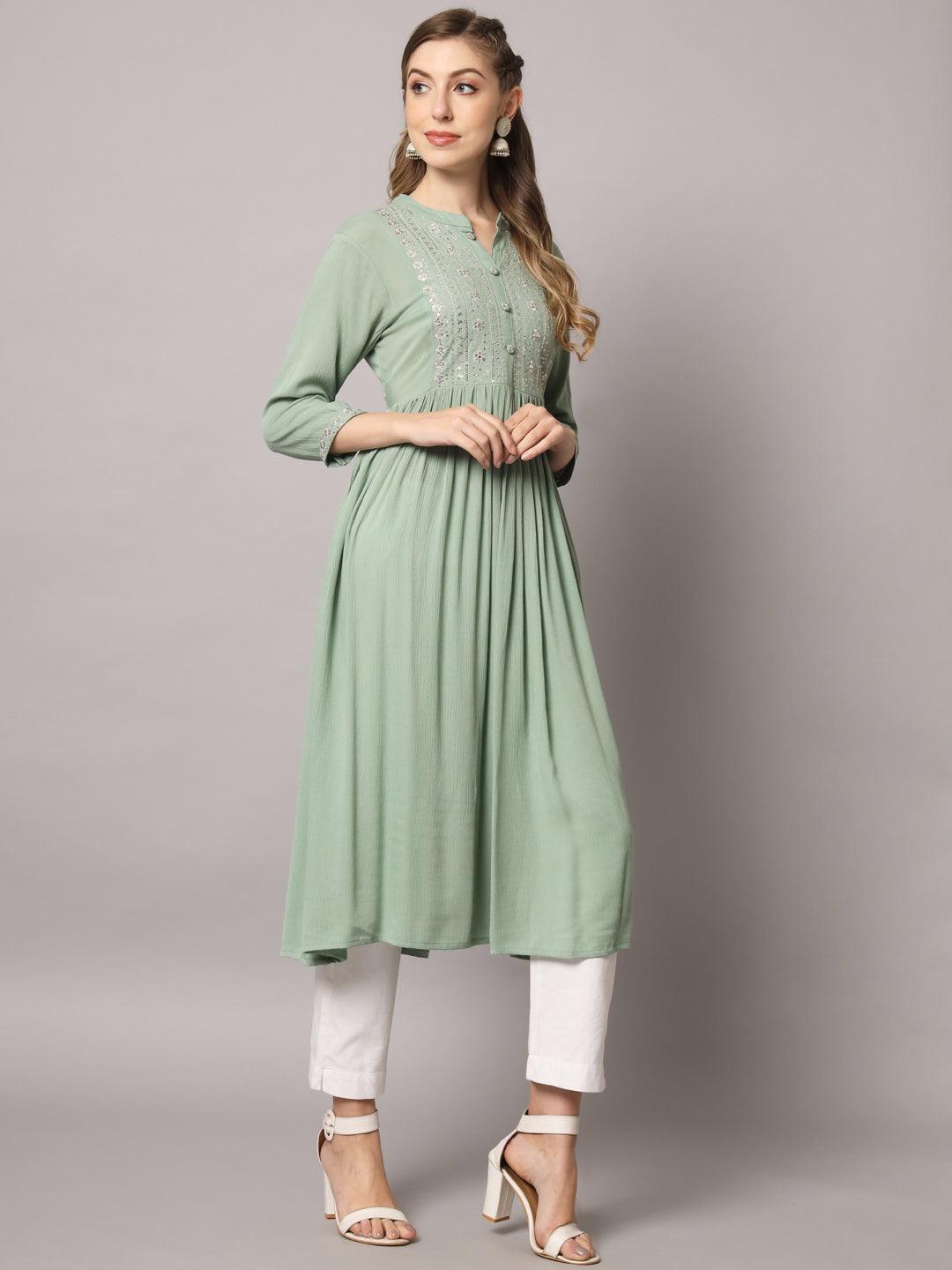 Women's Sea Green Color Solid Rayon Crepe Embroidered Kurta - PREKSHA - Indiakreations