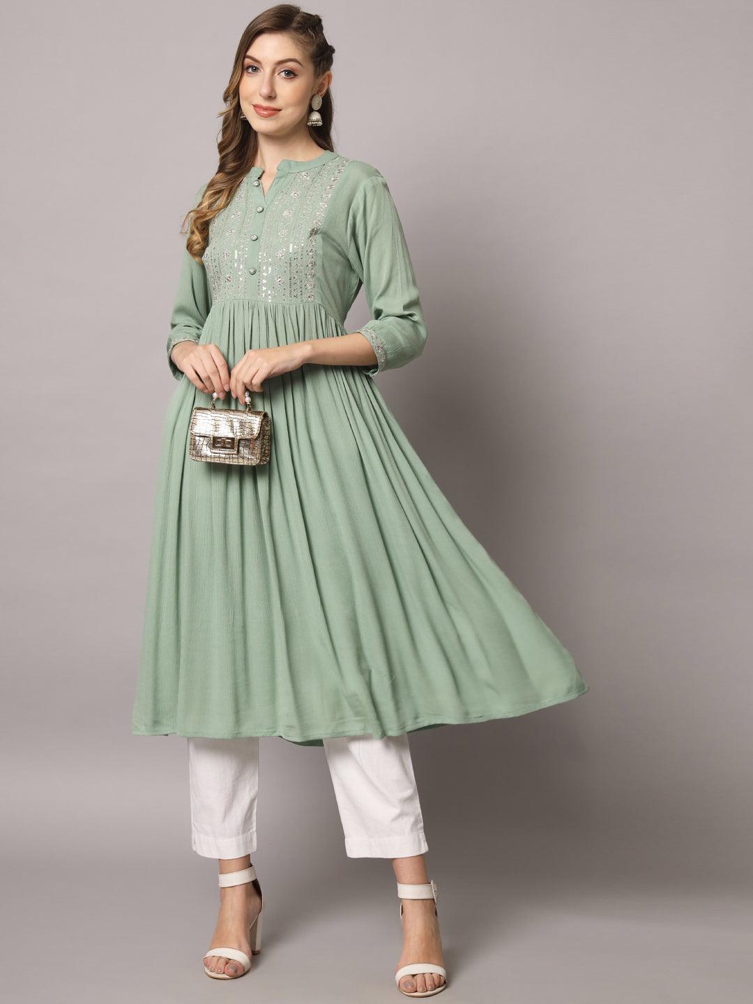 Women's Sea Green Color Solid Rayon Crepe Embroidered Kurta - PREKSHA - Indiakreations