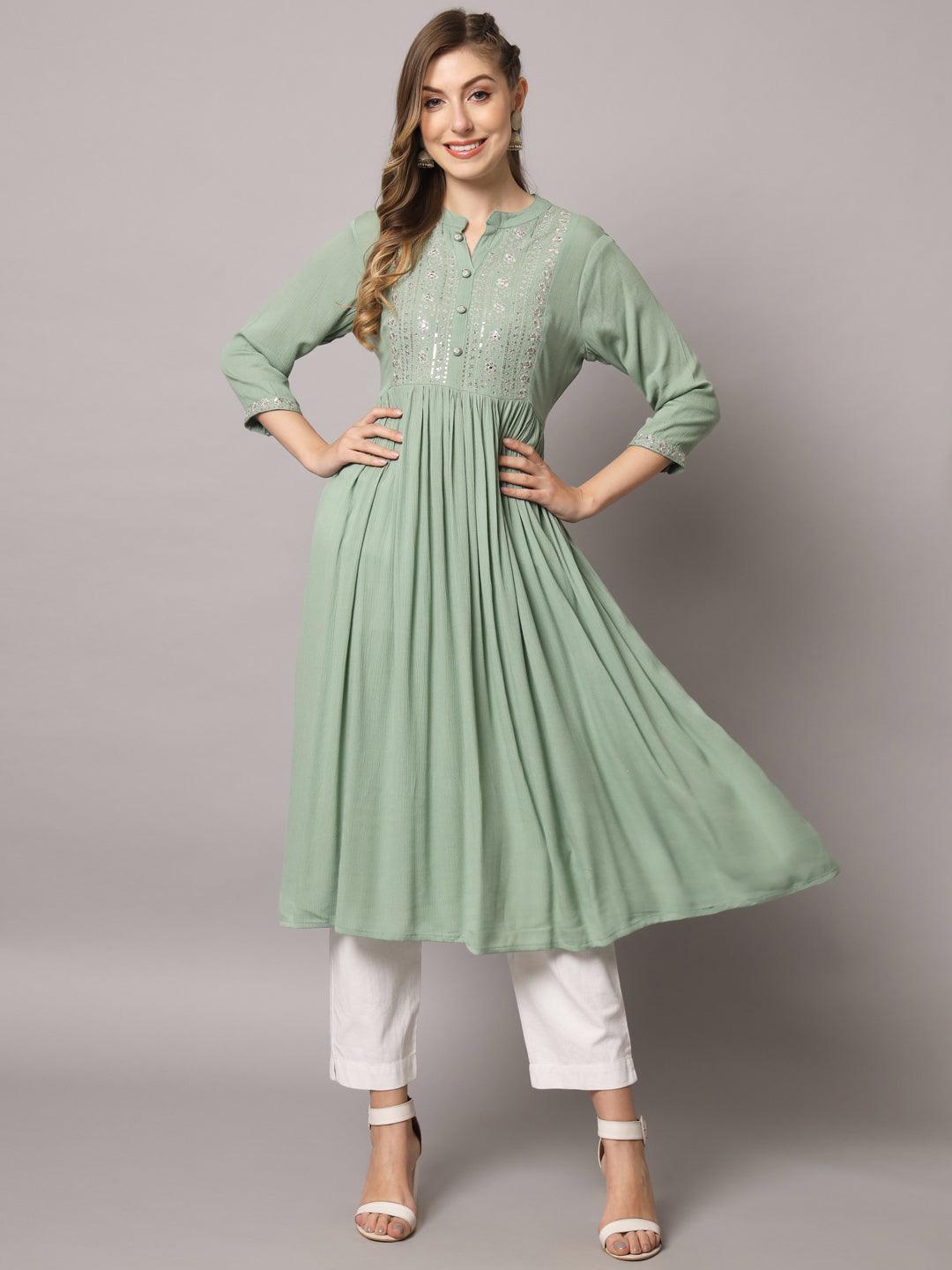 Women's Sea Green Color Solid Rayon Crepe Embroidered Kurta - PREKSHA - Indiakreations