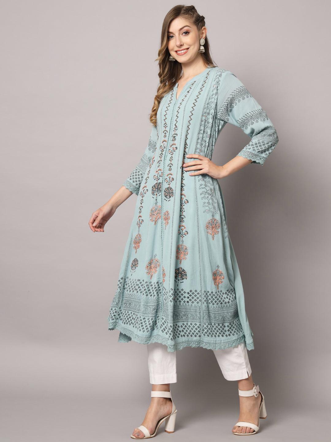 Women's Lite Blue Color Floral Rayon Crepe Embroidered Kurta - PREKSHA - Indiakreations