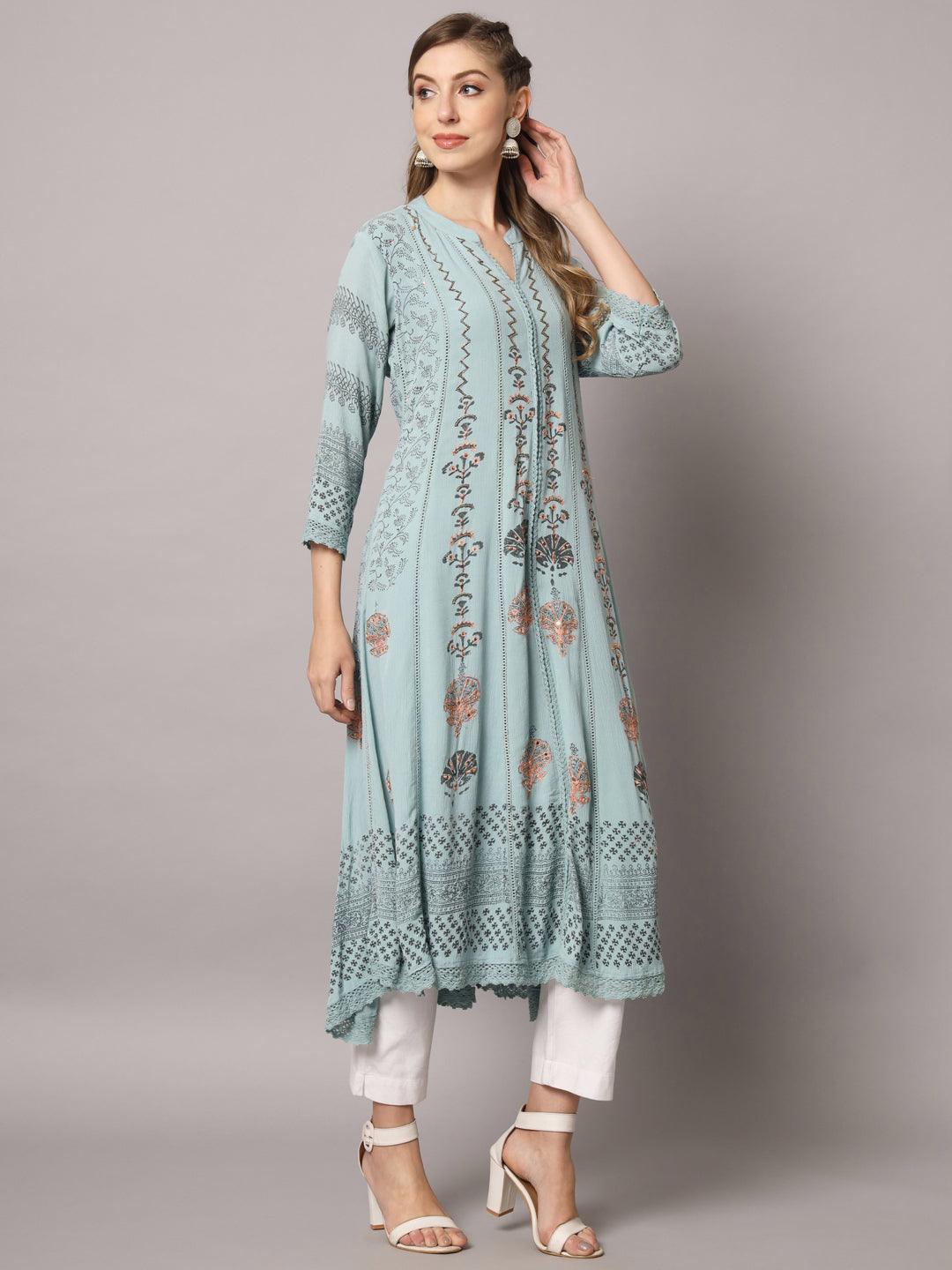 Women's Lite Blue Color Floral Rayon Crepe Embroidered Kurta - PREKSHA - Indiakreations