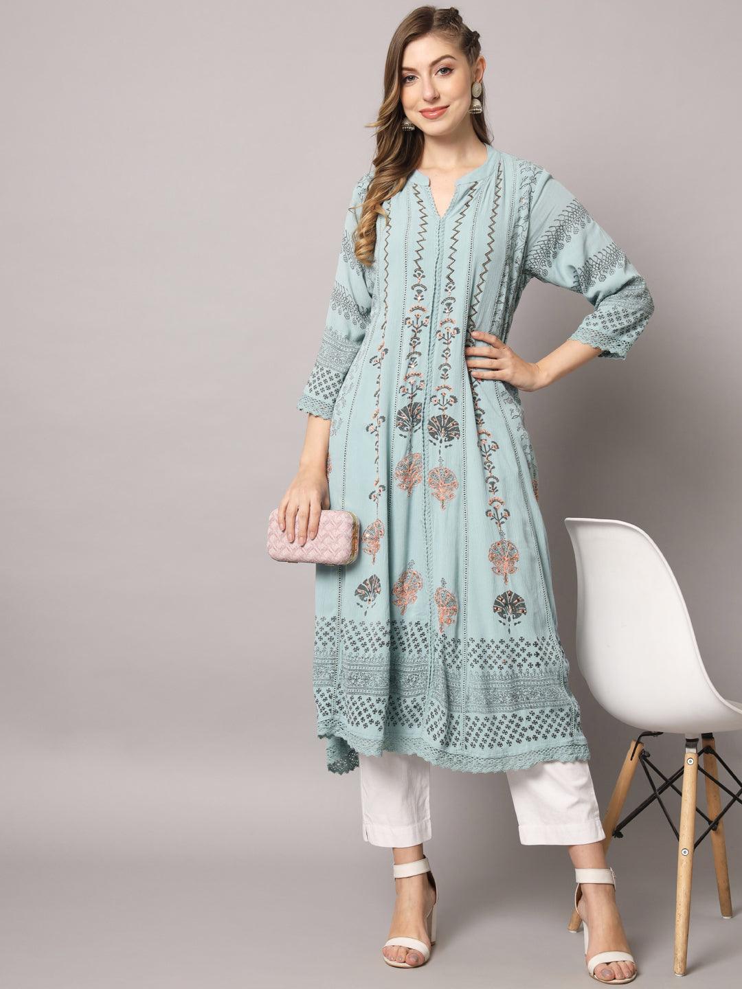 Women's Lite Blue Color Floral Rayon Crepe Embroidered Kurta - PREKSHA - Indiakreations