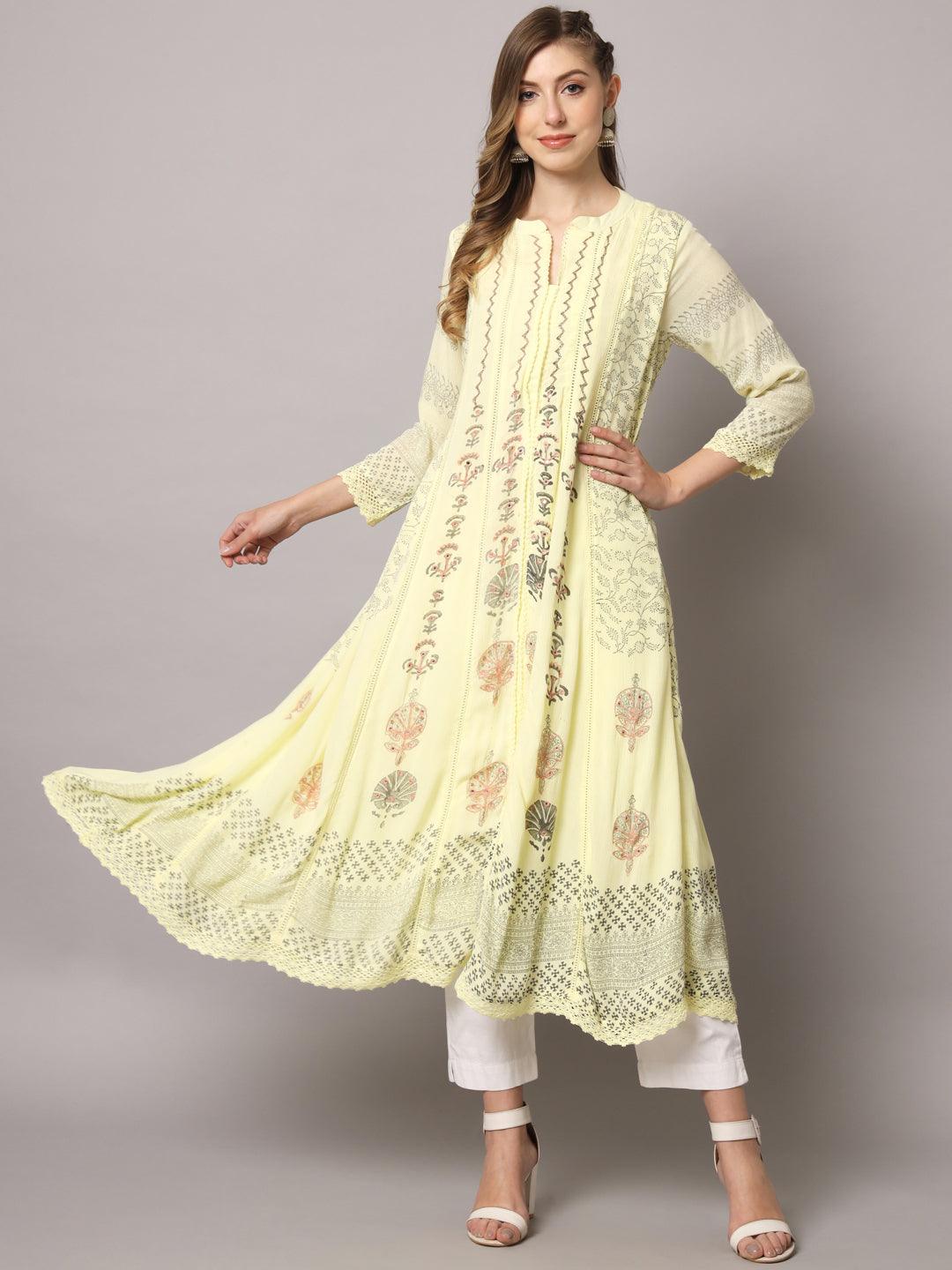 Women's Yellow Color Floral Rayon Crepe Embroidered Kurta - PREKSHA - Indiakreations