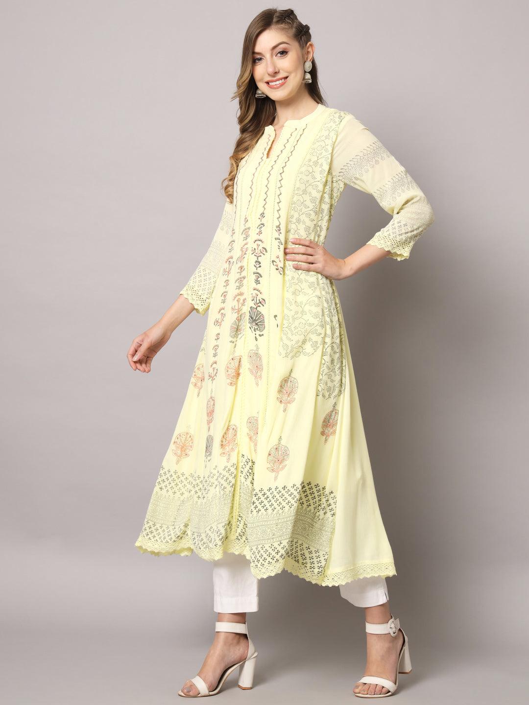 Women's Yellow Color Floral Rayon Crepe Embroidered Kurta - PREKSHA - Indiakreations