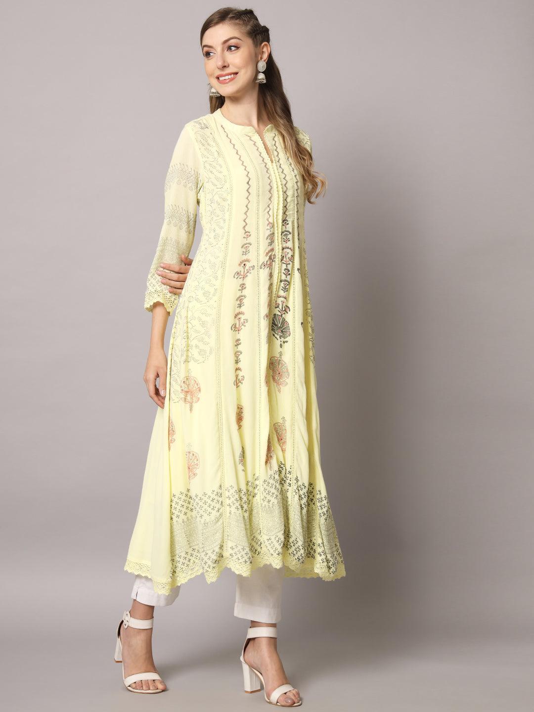 Women's Yellow Color Floral Rayon Crepe Embroidered Kurta - PREKSHA - Indiakreations