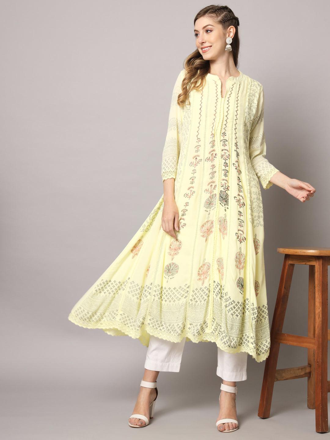 Women's Yellow Color Floral Rayon Crepe Embroidered Kurta - PREKSHA - Indiakreations